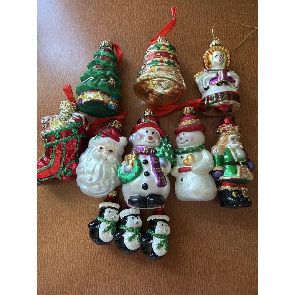 Vintage Snowman, Santa,‎ Stocking, Penguins Hand Blown Glass Ornaments Set Of 11
